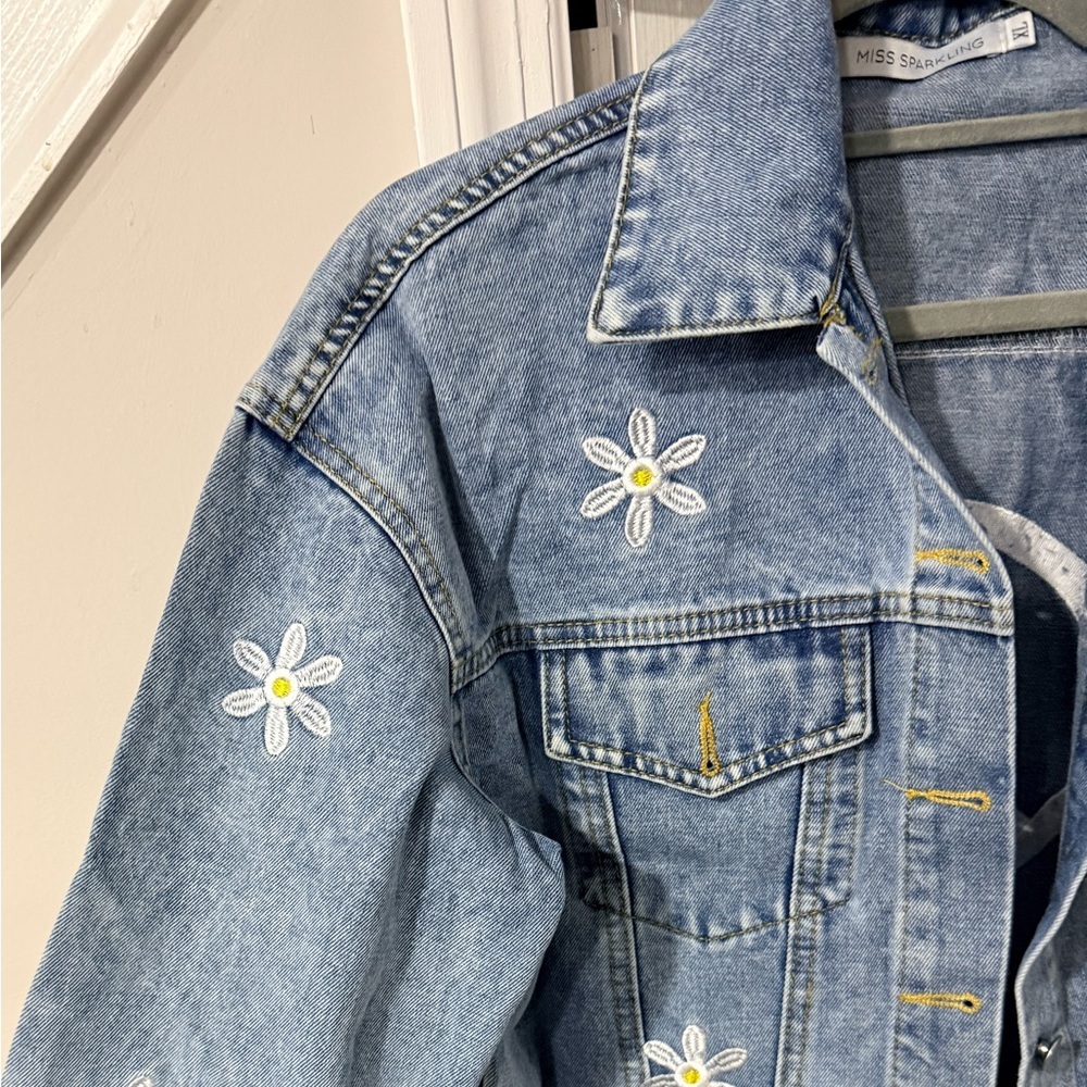 New nwt Miss sparkling denim jean jacket embroidered peace sz S L XL - Picture 3 of 5
